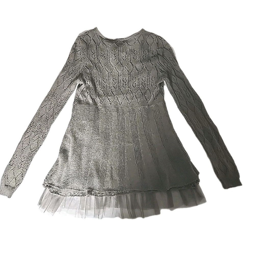 Christina V Women's Medium Crochet‎ Sweater Long Sleeve Gray Toole Trim Boho EUC - Picture 2 of 13